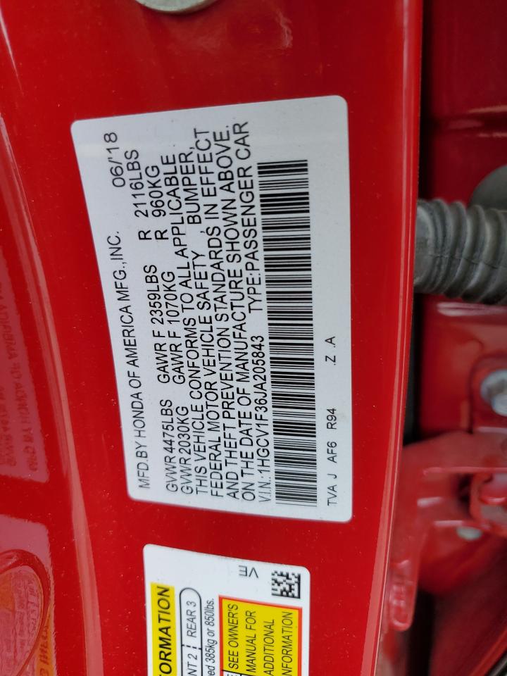 2018 Honda Accord Sport VIN: 1HGCV1F36JA205843 Lot: 65127355