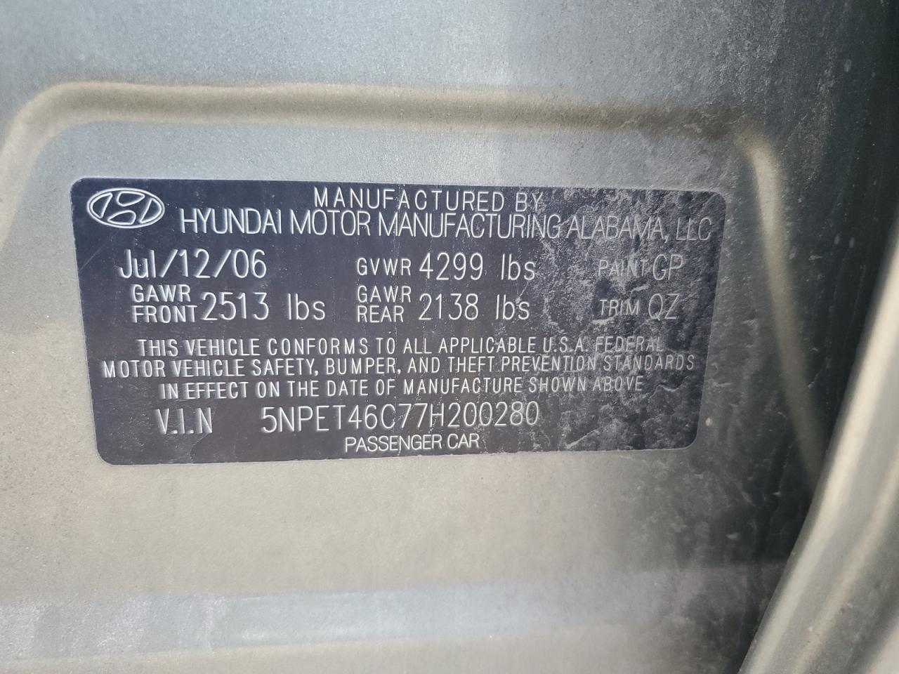2007 Hyundai Sonata Gls VIN: 5NPET46C77H200280 Lot: 63040485