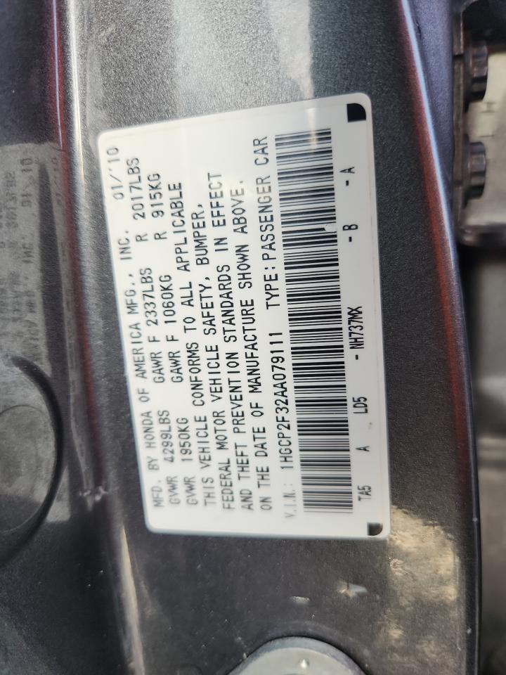 2010 Honda Accord Lx VIN: 1HGCP2F32AA079111 Lot: 63291335
