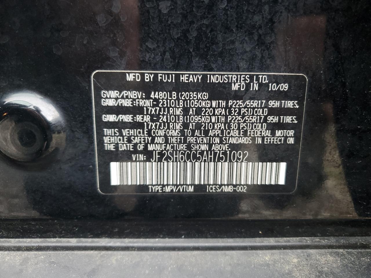 2010 Subaru Forester 2.5X Premium VIN: JF2SH6CC5AH751092 Lot: 64807045
