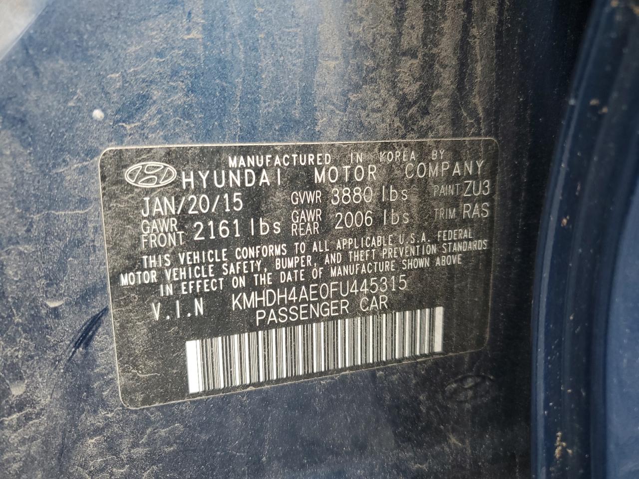 2015 Hyundai Elantra Se VIN: KMHDH4AE0FU445315 Lot: 65067255
