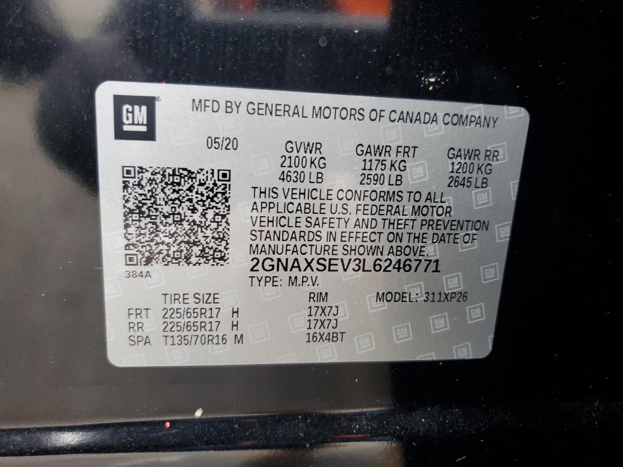 2020 Chevrolet Equinox Ls VIN: 2GNAXSEV3L6246771 Lot: 64930575