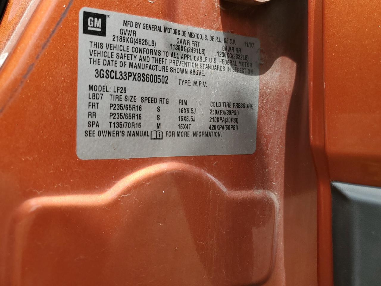 2008 Saturn Vue Xe VIN: 3GSCL33PX8S600502 Lot: 64125705