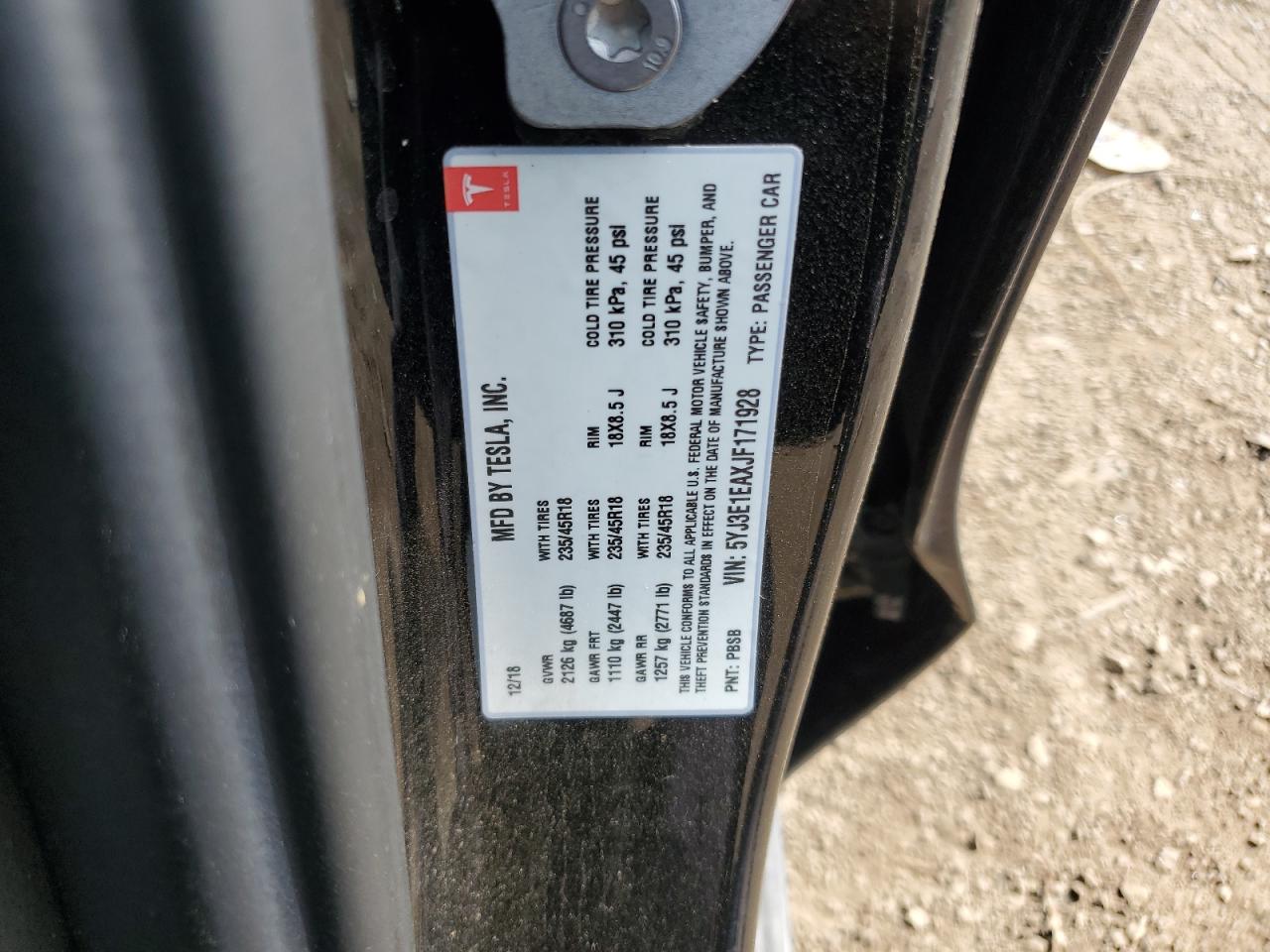 2018 Tesla Model 3 VIN: 5YJ3E1EAXJF171928 Lot: 64627705