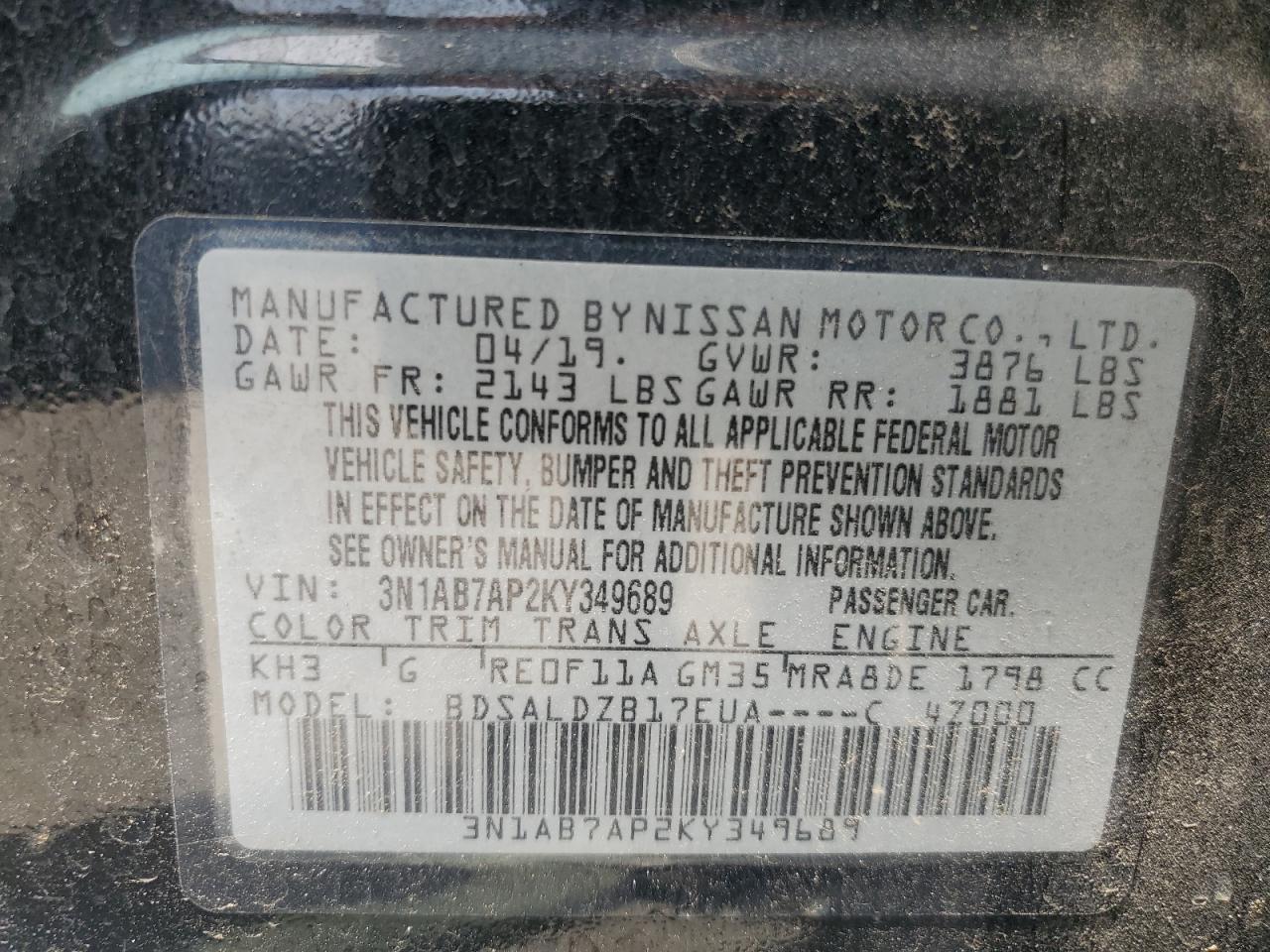 2019 Nissan Sentra S VIN: 3N1AB7AP2KY349689 Lot: 62897155
