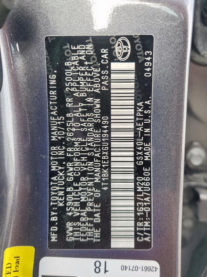 2016 Toyota Avalon Xle VIN: 4T1BK1EBXGU194490 Lot: 65133155