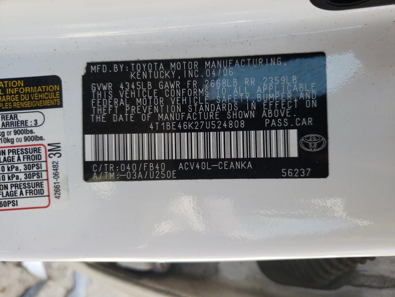 2007 Toyota Camry Ce VIN: 4T1BE46K27U524808 Lot: 65058235