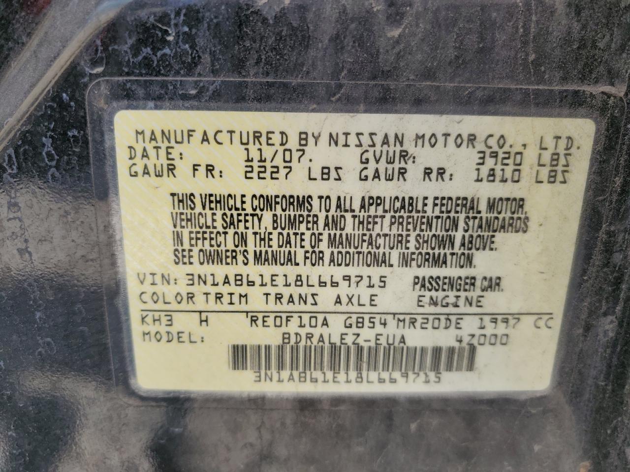 2008 Nissan Sentra 2.0 VIN: 3N1AB61E18L669715 Lot: 66729305