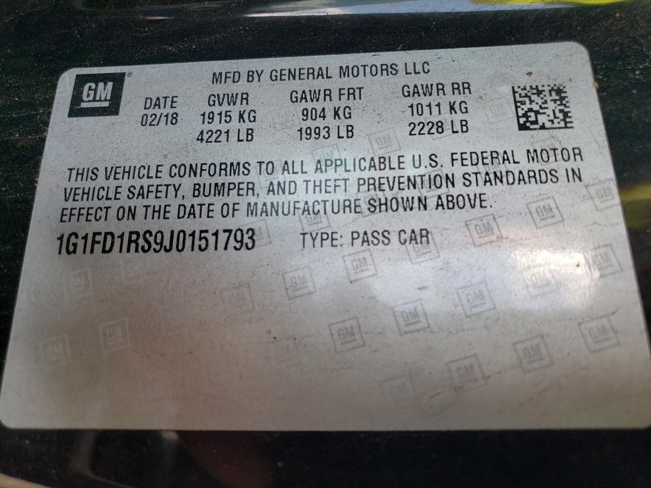 2018 Chevrolet Camaro Lt VIN: 1G1FD1RS9J0151793 Lot: 63381735