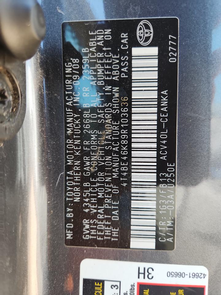 2009 Toyota Camry Base VIN: 4T4BE46K89R103636 Lot: 65044775