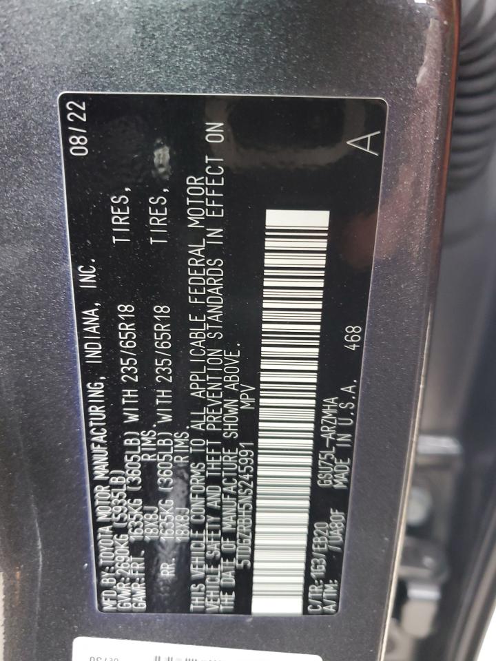 2022 Toyota Highlander Xle VIN: 5TDGZRBH5NS245991 Lot: 65219695
