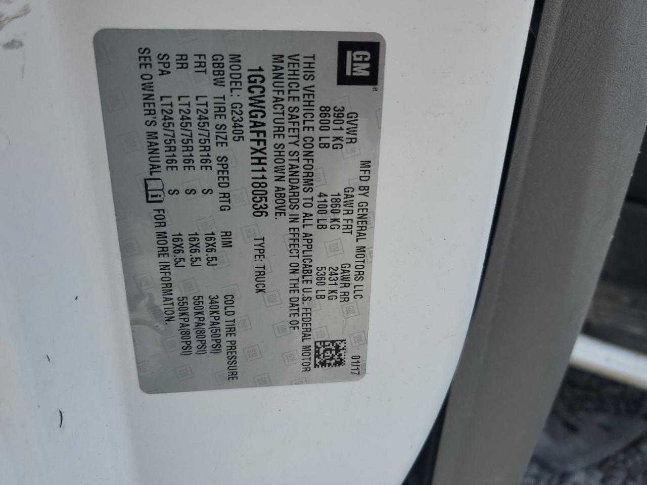 2017 Chevrolet Express G2500 VIN: 1GCWGAFFXH1180536 Lot: 90120215