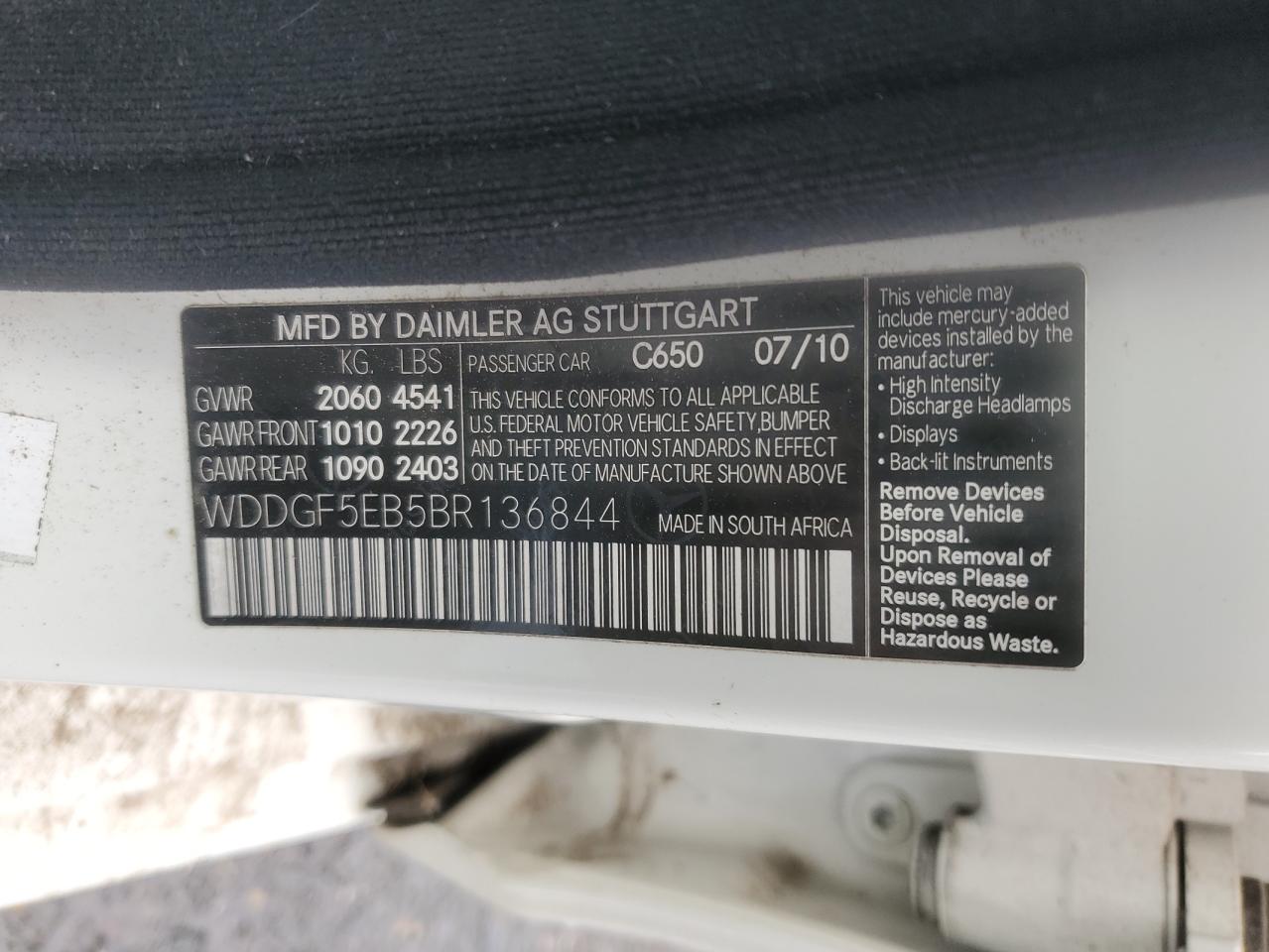2011 Mercedes-Benz C 300 VIN: WDDGF5EB5BR136844 Lot: 63857685