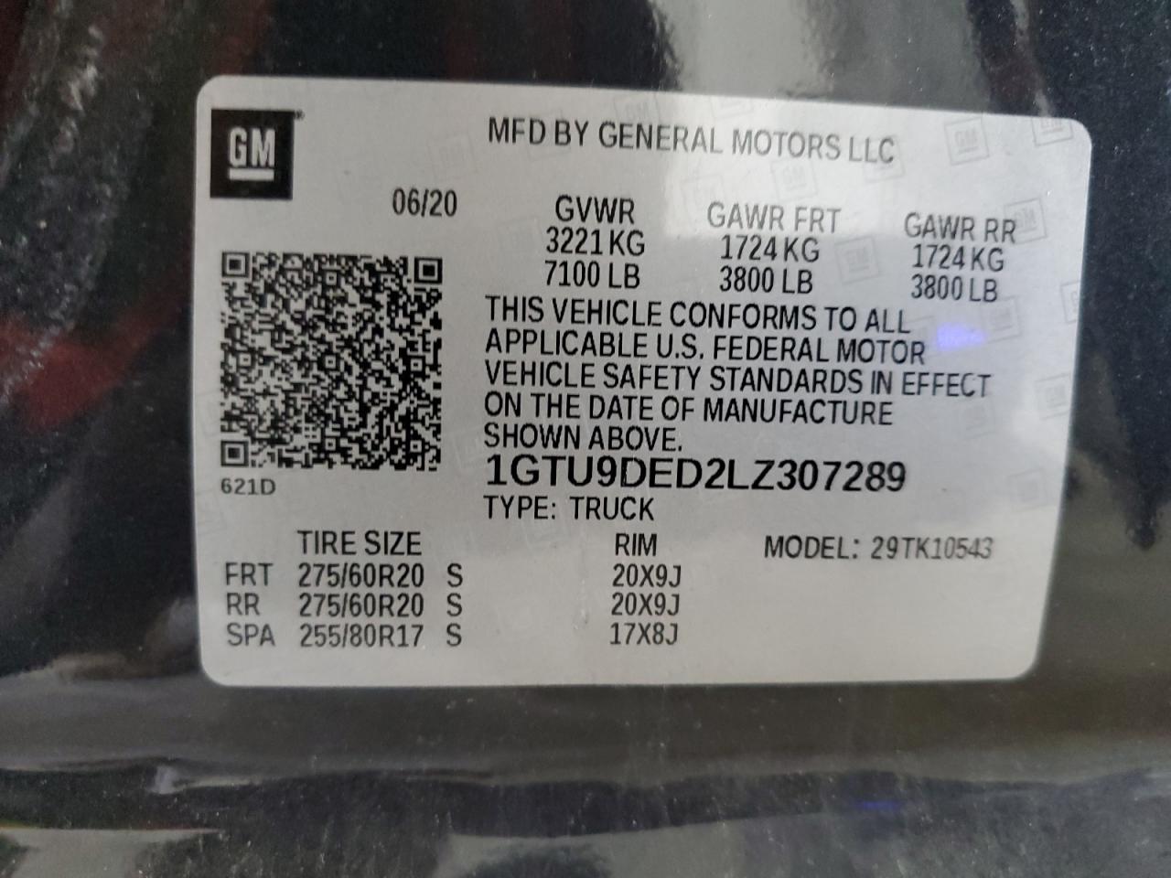 2020 GMC Sierra K1500 Slt VIN: 1GTU9DED2LZ307289 Lot: 64932165