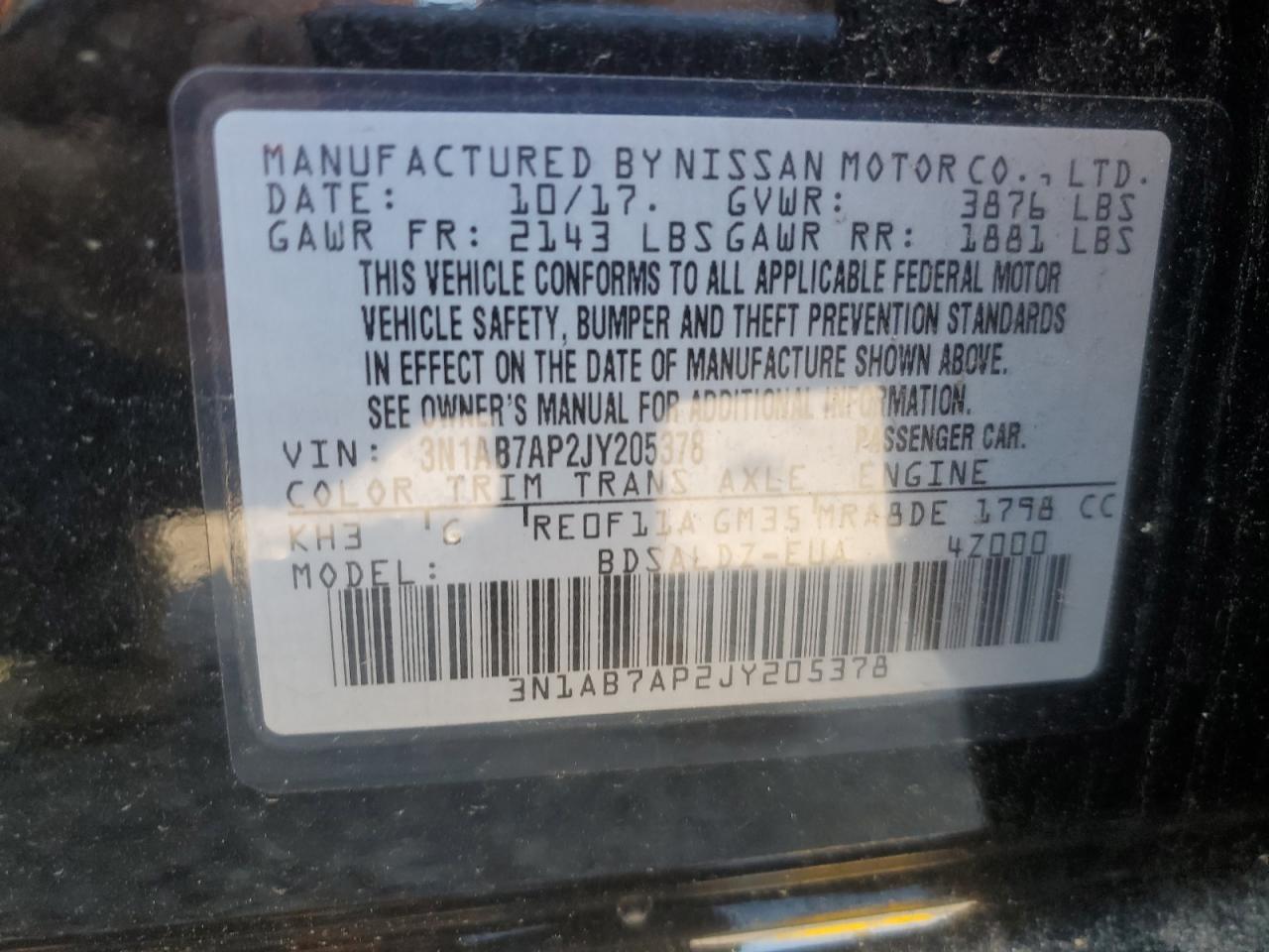 3n1ab7ap2jy205378 3N1AB7AP2JY205378 2018 Nissan Sentra S