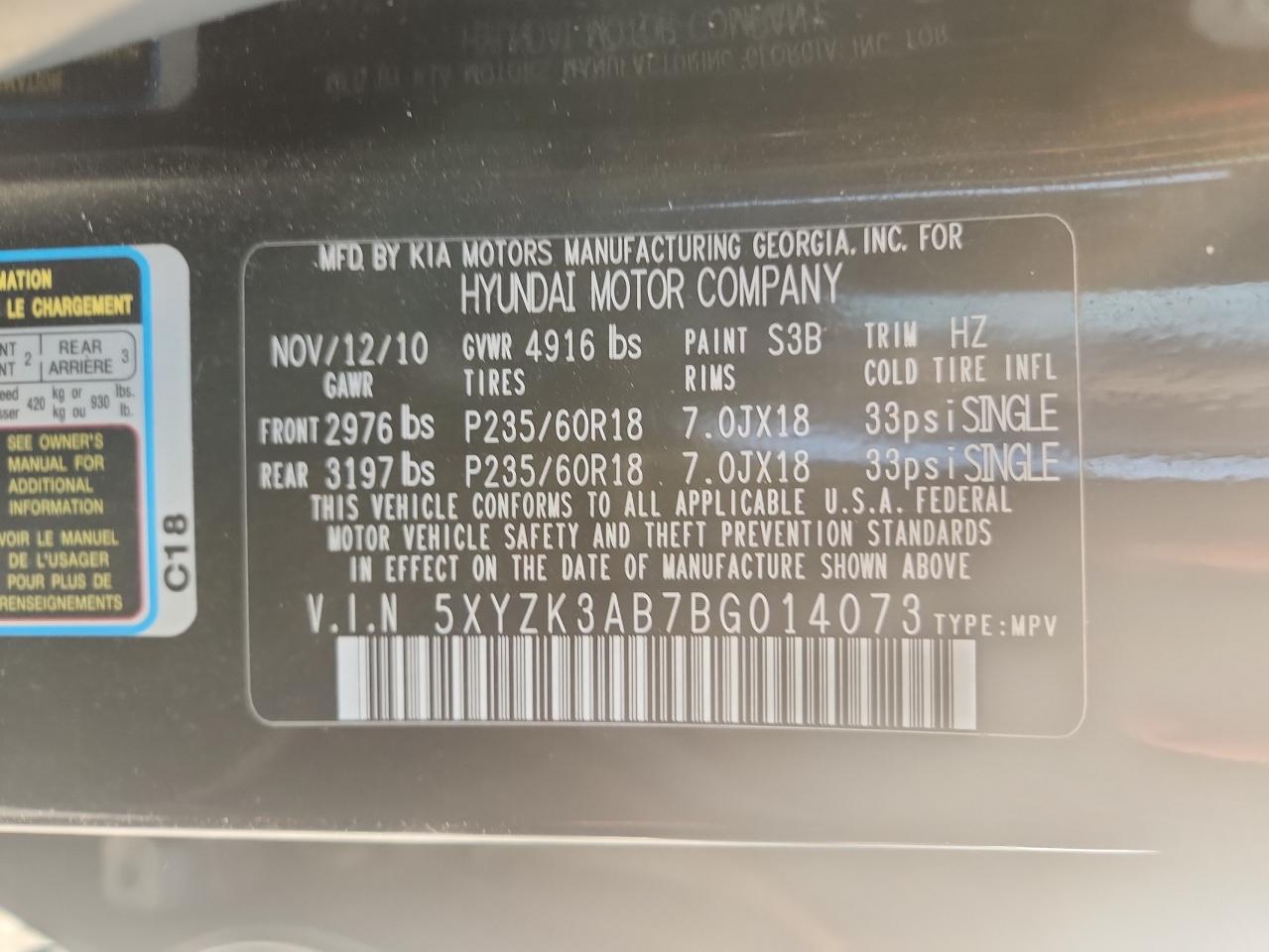 5XYZK3AB7BG014073 2011 Hyundai Santa Fe Limited