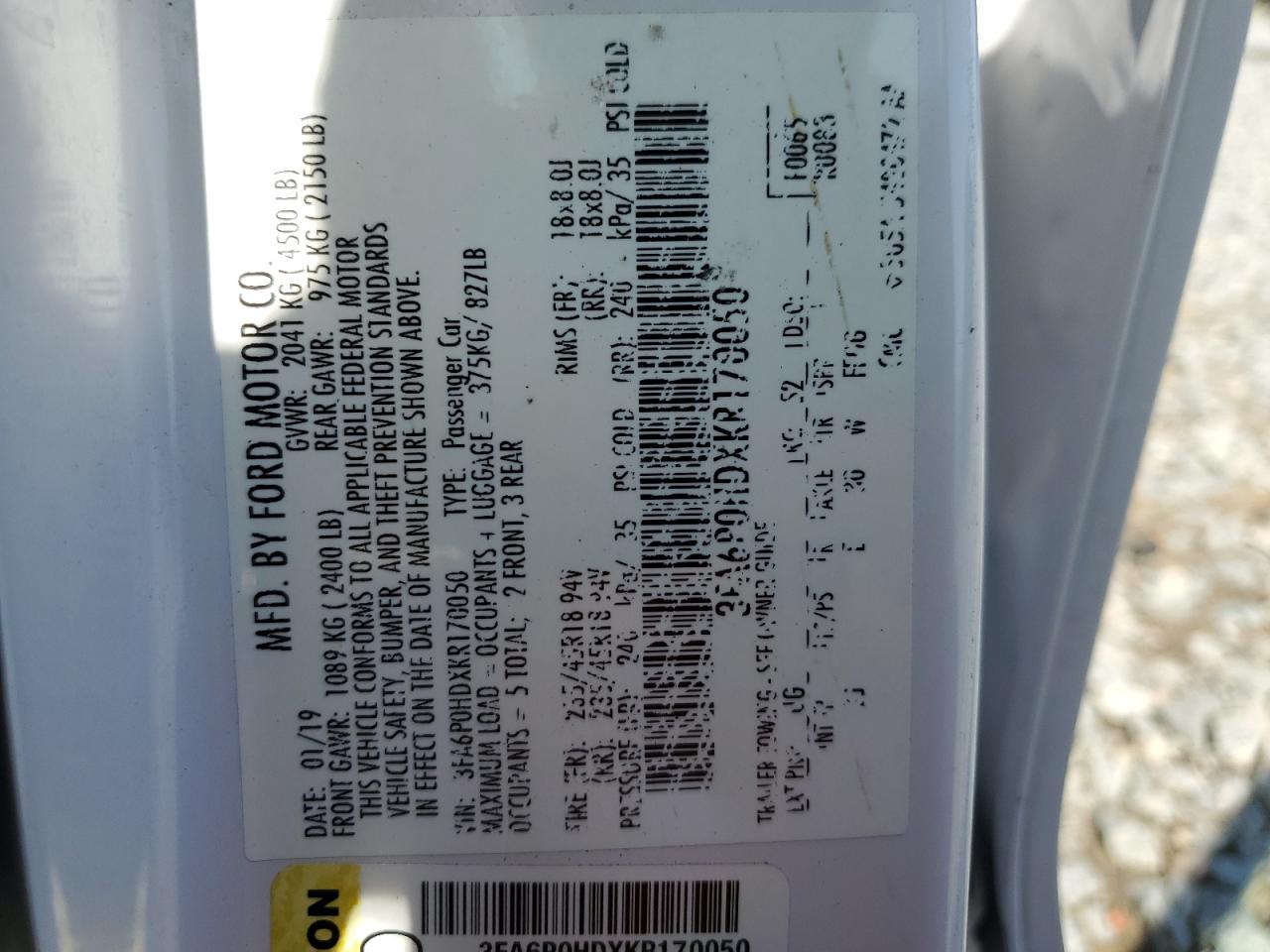 2019 Ford Fusion Se VIN: 3FA6P0HDXKR170050 Lot: 64630135