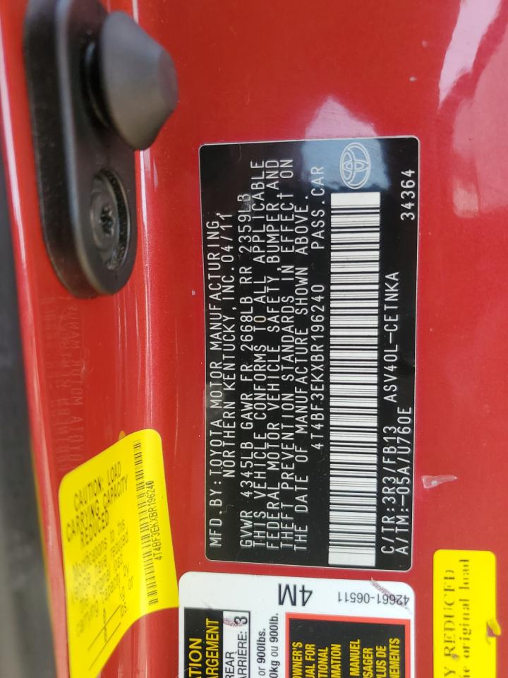 2011 Toyota Camry Base VIN: 4T4BF3EKXBR196240 Lot: 65419955
