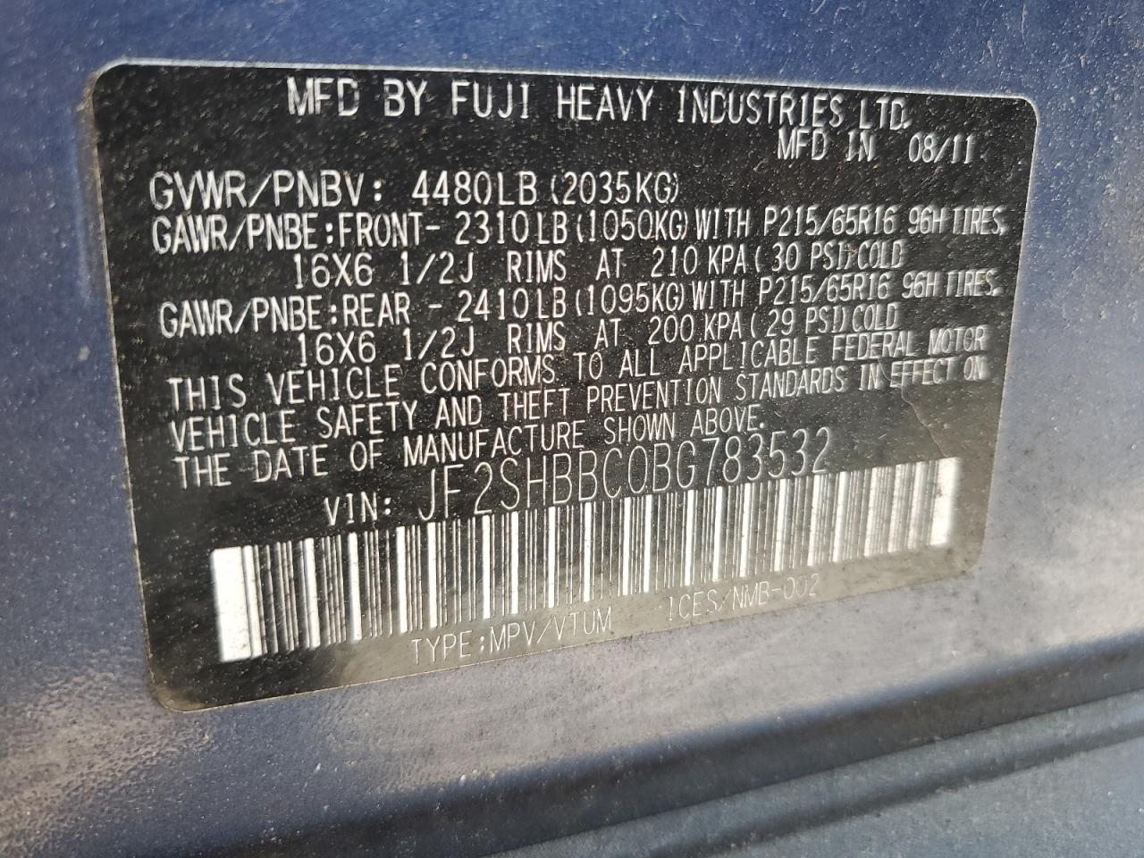 2011 Subaru Forester 2.5X VIN: JF2SHBBC0BG783532 Lot: 63352195
