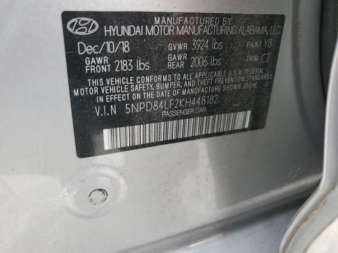 2019 Hyundai Elantra Sel VIN: 5NPD84LF2KH448182 Lot: 63483355