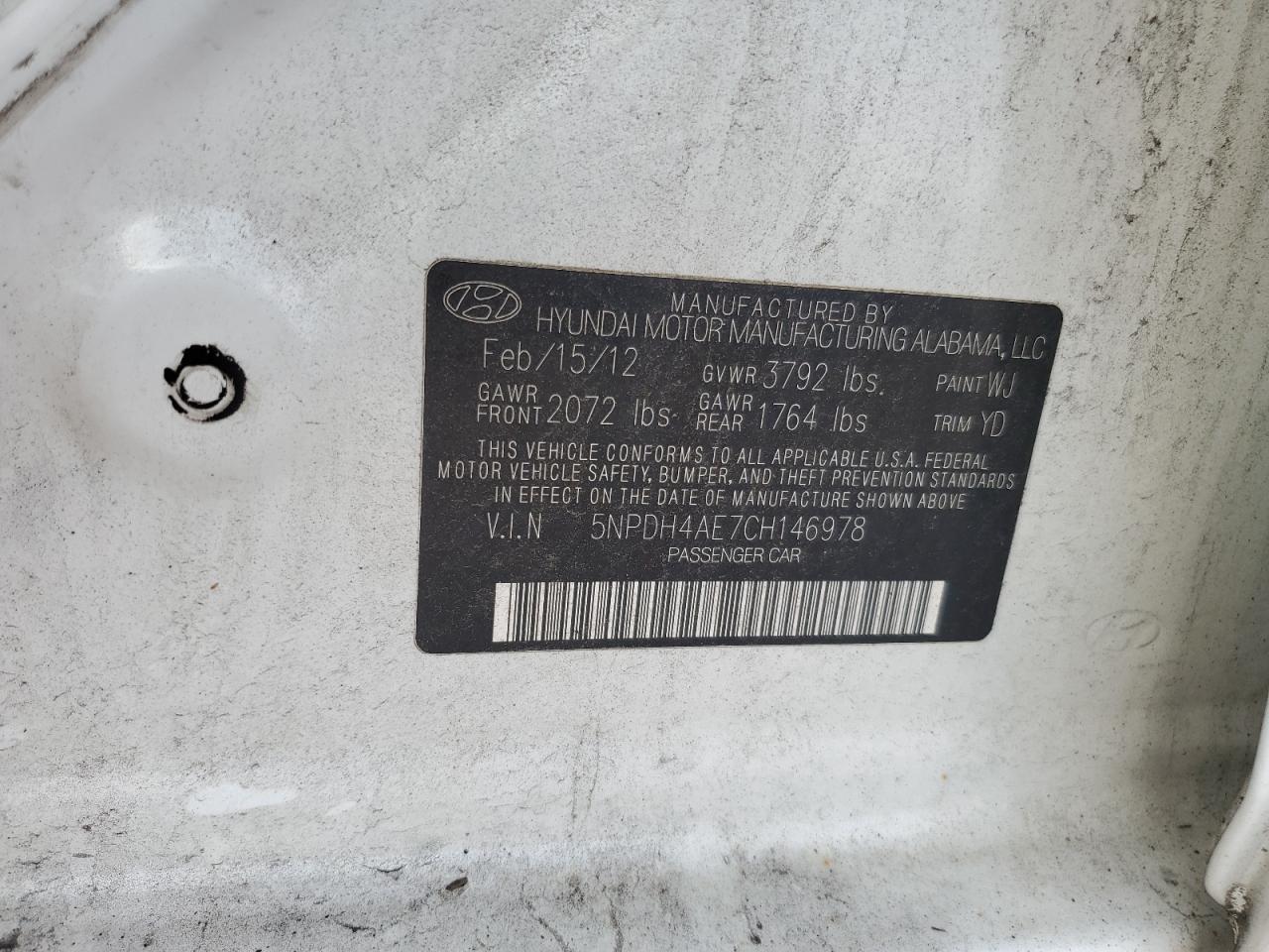 2012 Hyundai Elantra Gls VIN: 5NPDH4AE7CH146978 Lot: 64558595