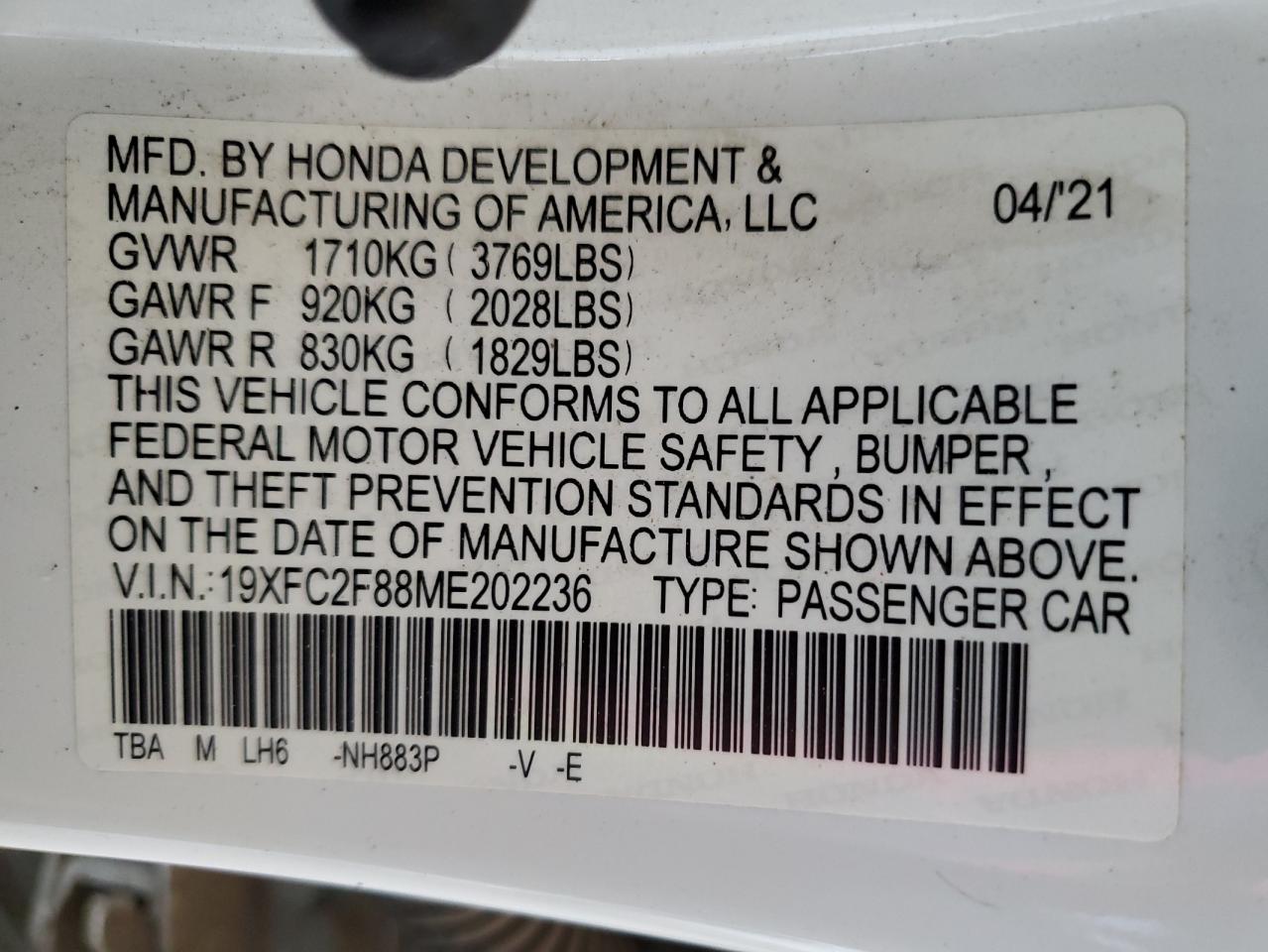 2021 Honda Civic Sport VIN: 19XFC2F88ME202236 Lot: 65566425