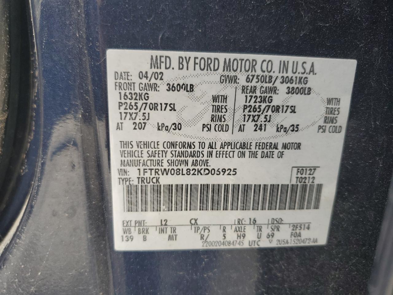 2002 Ford F150 Supercrew VIN: 1FTRW08L82KD06925 Lot: 64864165