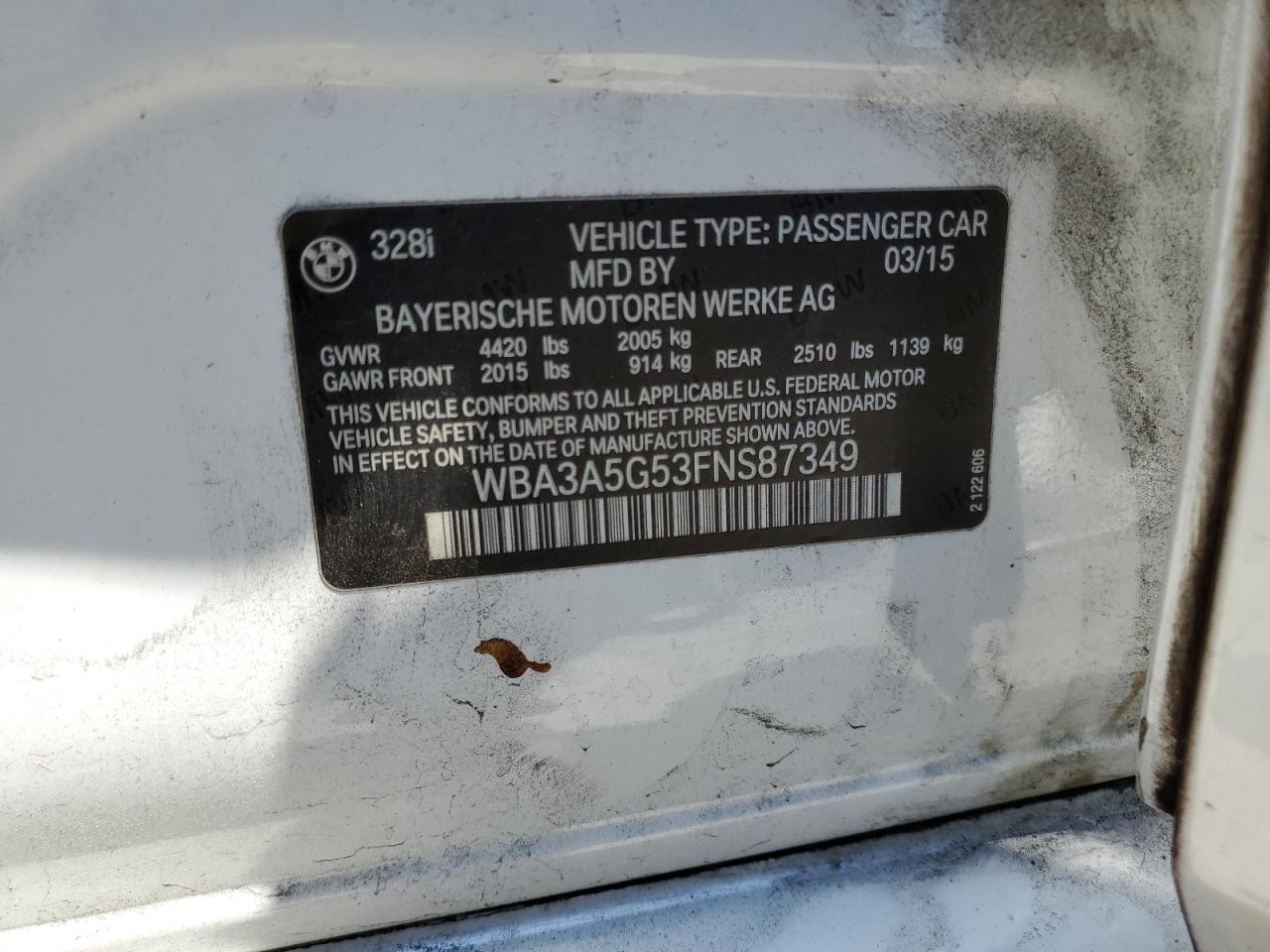 2015 BMW 328 I VIN: WBA3A5G53FNS87349 Lot: 62190835
