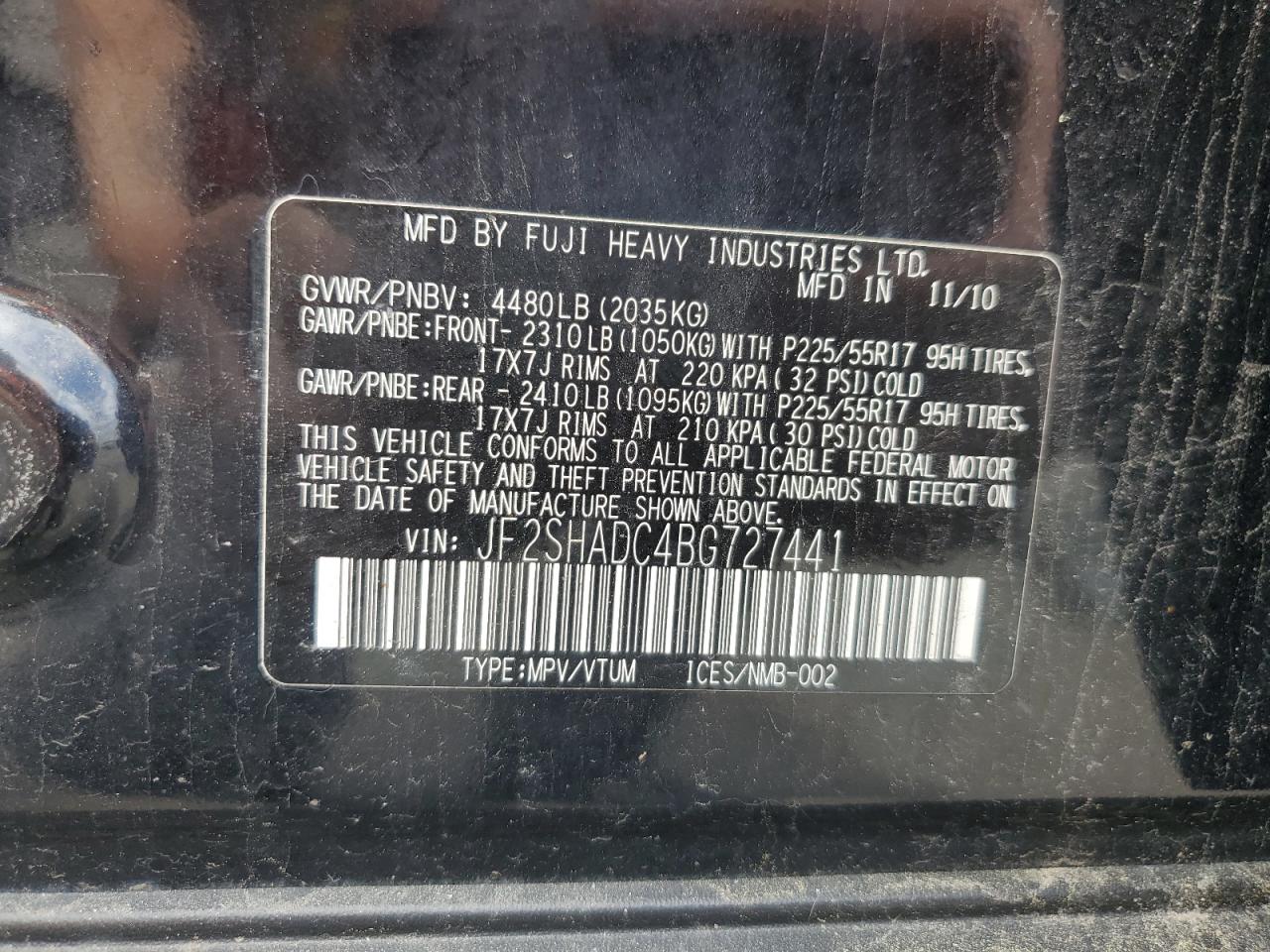 2011 Subaru Forester 2.5X Premium VIN: JF2SHADC4BG727441 Lot: 62907815