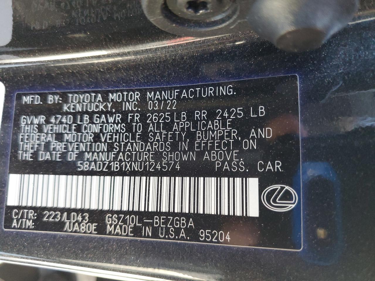 2022 Lexus Es 350 Base VIN: 58ADZ1B1XNU124574 Lot: 66705485