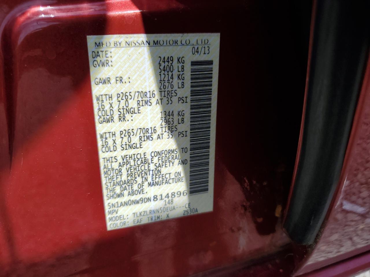 5n1an0nw9dn814896 5N1AN0NW9DN814896 2013 Nissan Xterra X
