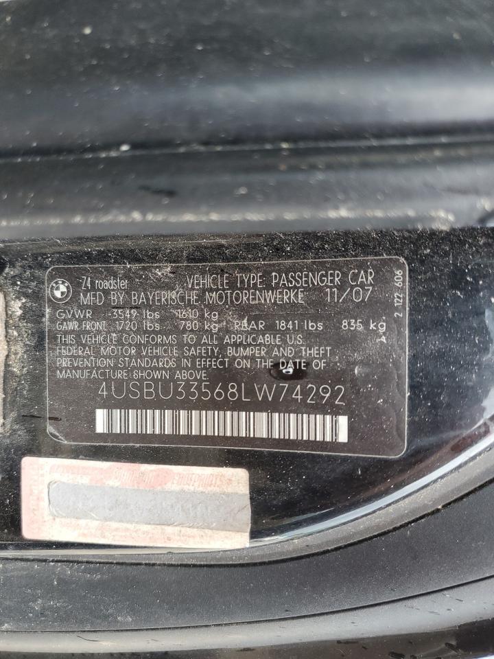 2008 BMW Z4 3.0 VIN: 4USBU33568LW74292 Lot: 62563555