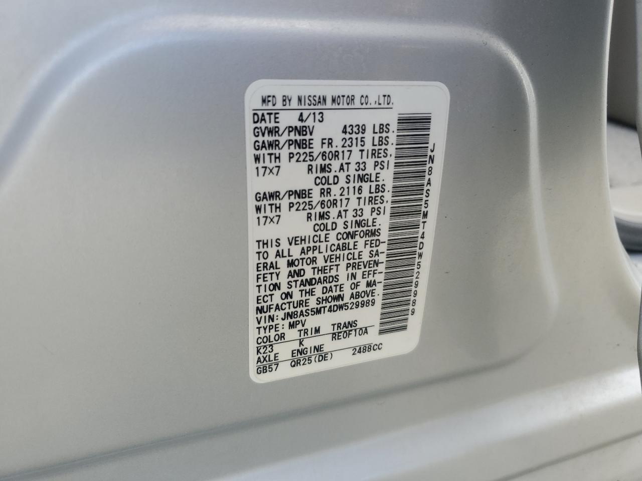 jn8as5mt4dw529989 JN8AS5MT4DW529989 2013 Nissan Rogue S