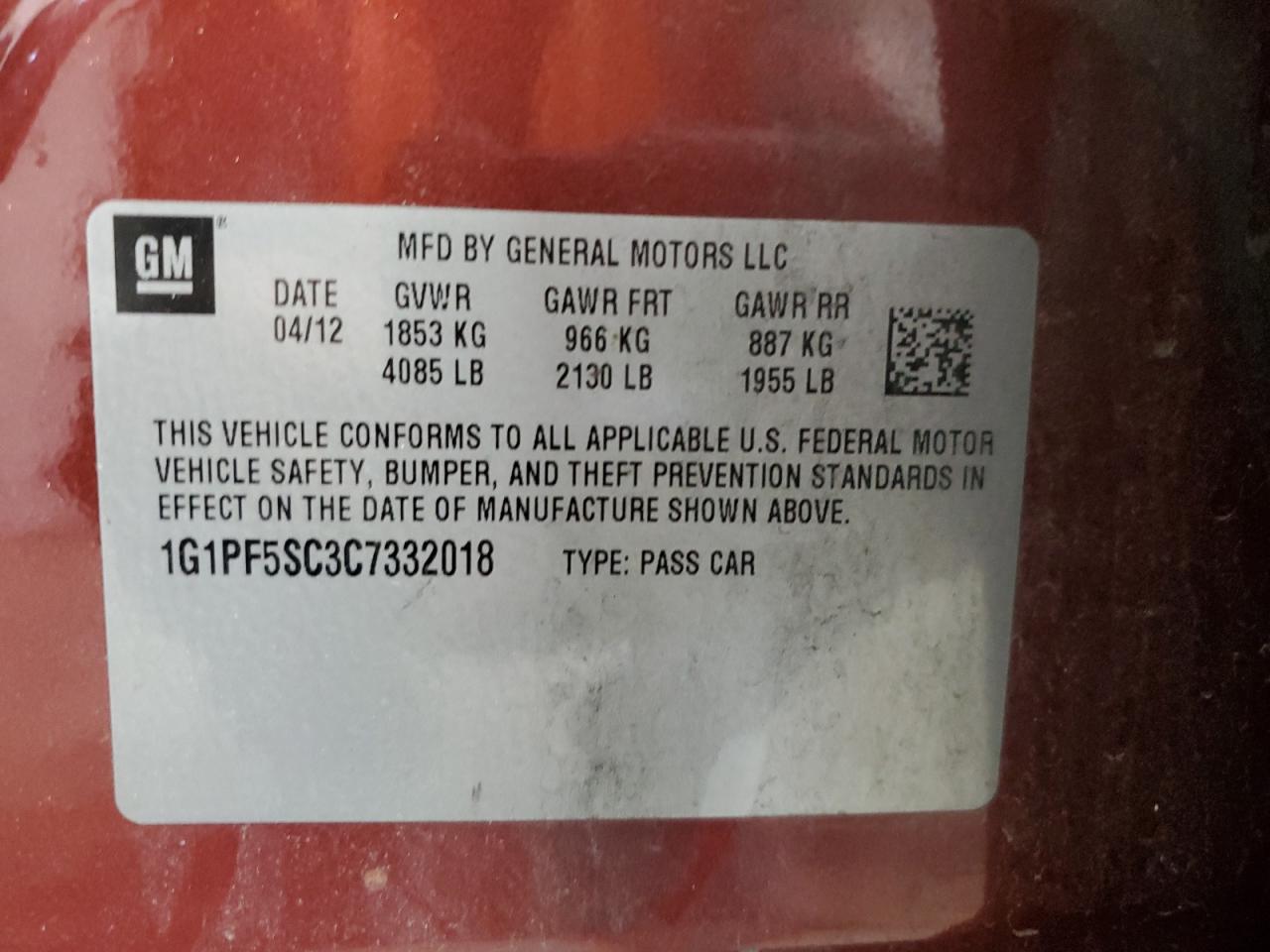 2012 Chevrolet Cruze Lt VIN: 1G1PF5SC3C7332018 Lot: 64407715