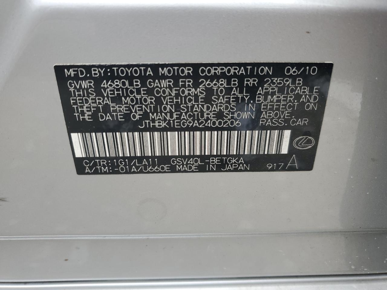 2010 Lexus Es 350 VIN: JTHBK1EG9A2400206 Lot: 64592255