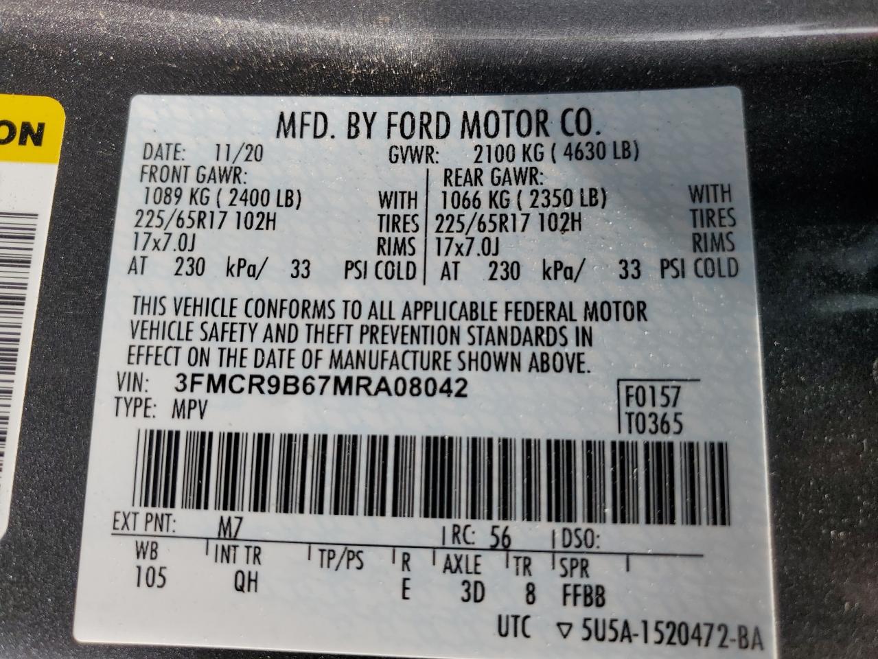 2021 Ford Bronco Sport Big Bend VIN: 3FMCR9B67MRA08042 Lot: 66527555