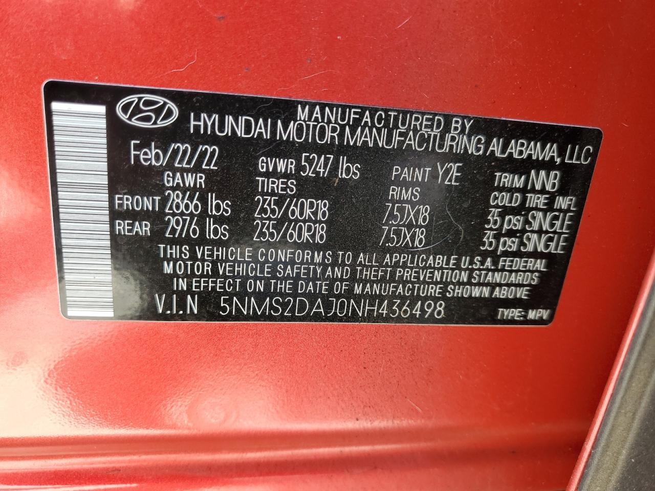 2022 Hyundai Santa Fe Sel VIN: 5NMS2DAJ0NH436498 Lot: 63126525
