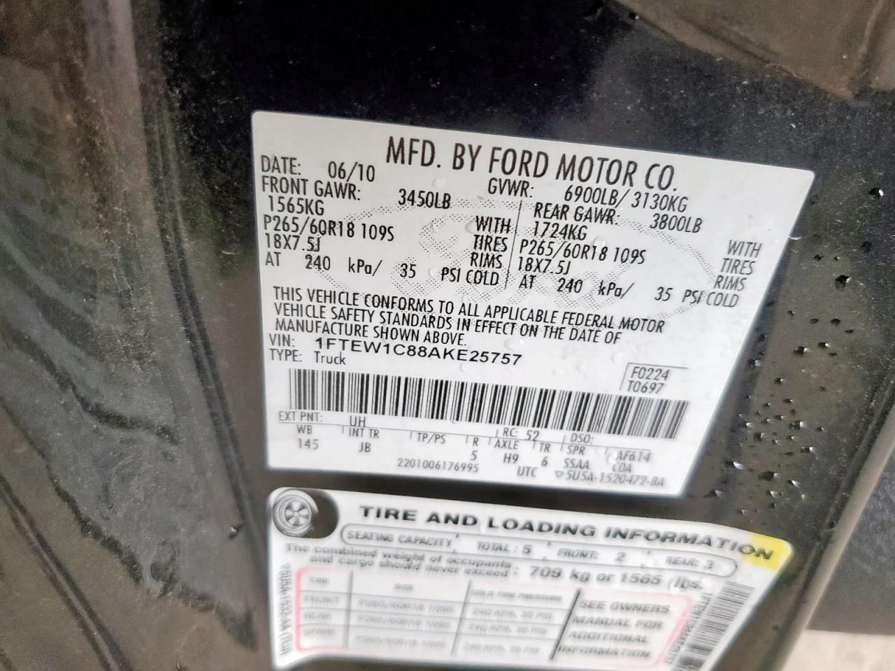 2010 Ford F150 Supercrew VIN: 1FTEW1C88AKE25757 Lot: 63855615