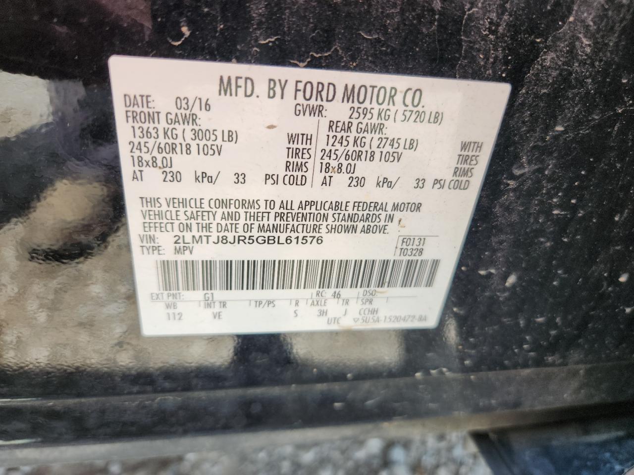 2016 Lincoln Mkx Premiere VIN: 2LMTJ8JR5GBL61576 Lot: 65712235