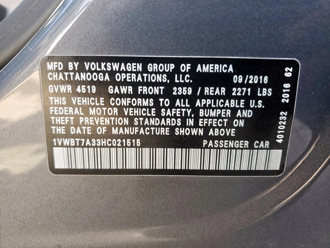 2017 Volkswagen Passat Se VIN: 1VWBT7A33HC021515 Lot: 65203935