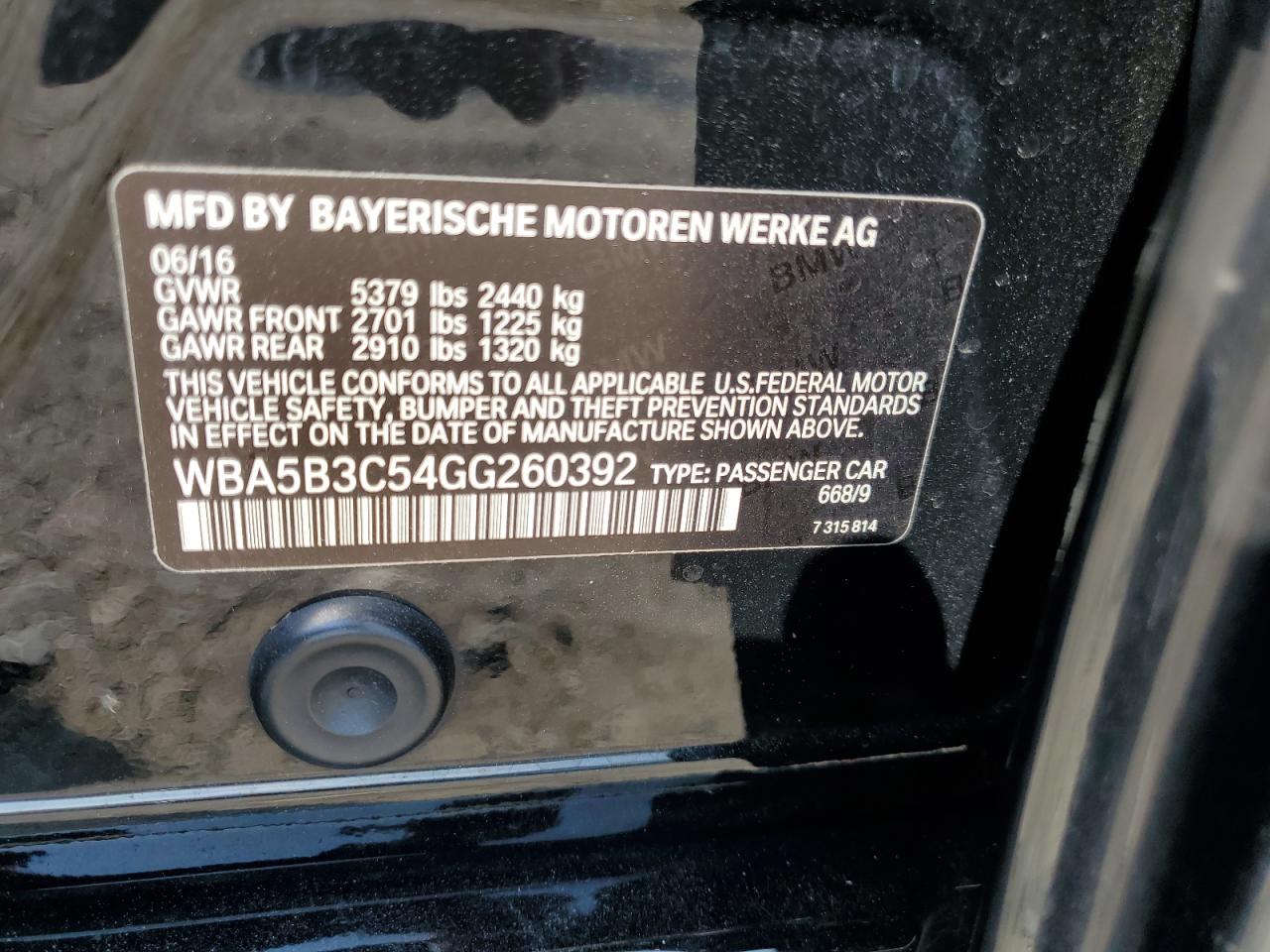 2016 BMW 535 Xi VIN: WBA5B3C54GG260392 Lot: 65766605