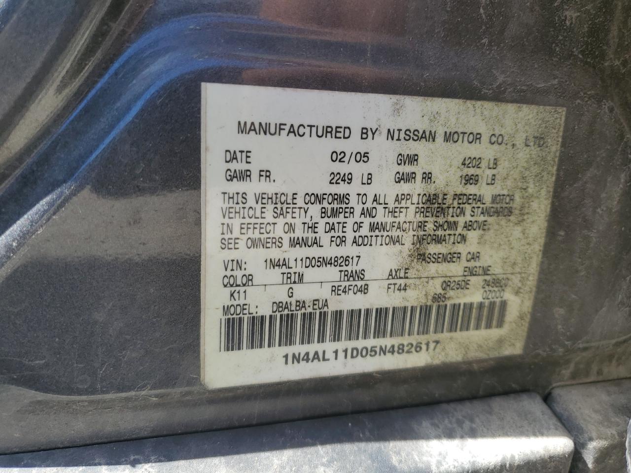 2005 Nissan Altima S VIN: 1N4AL11D05N482617 Lot: 61933035