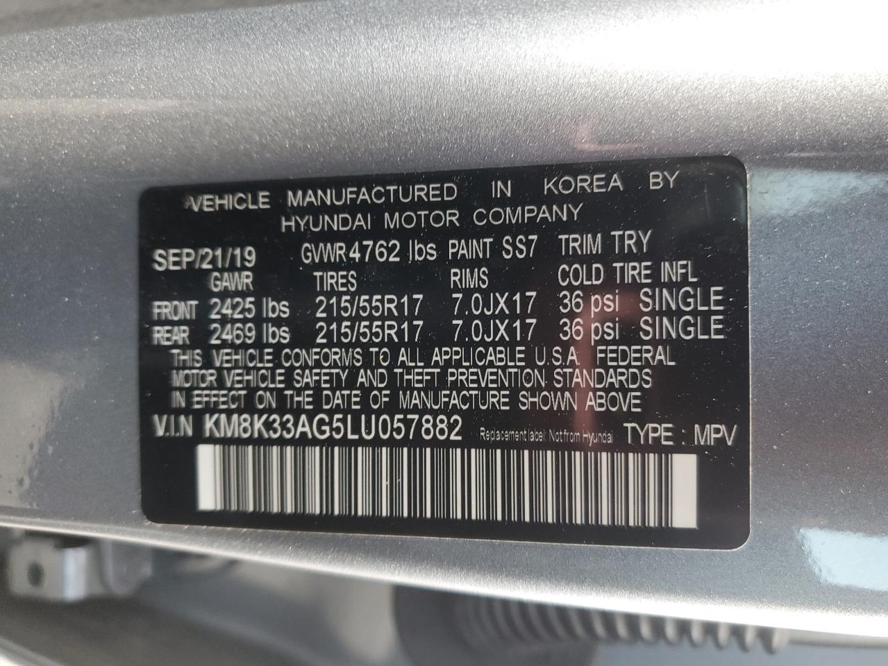 2020 Hyundai Kona Limited VIN: KM8K33AG5LU057882 Lot: 65376815