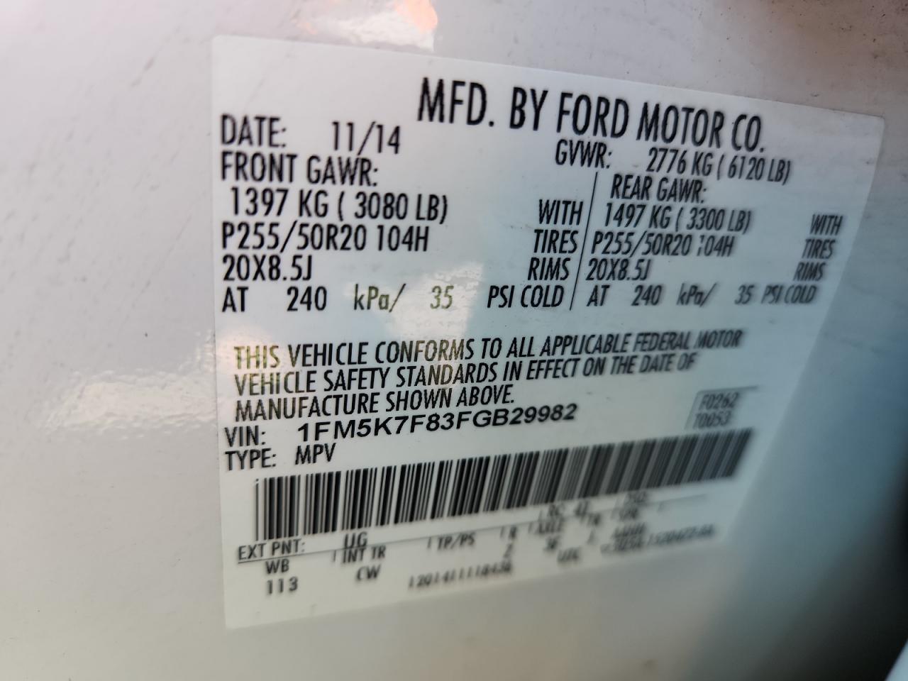 2015 Ford Explorer Limited VIN: 1FM5K7F83FGB29982 Lot: 64335025