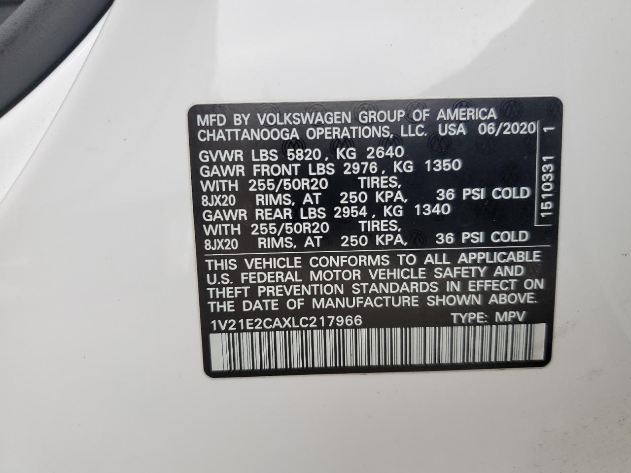 2020 Volkswagen Atlas Cross Sport Se VIN: 1V21E2CAXLC217966 Lot: 63753075