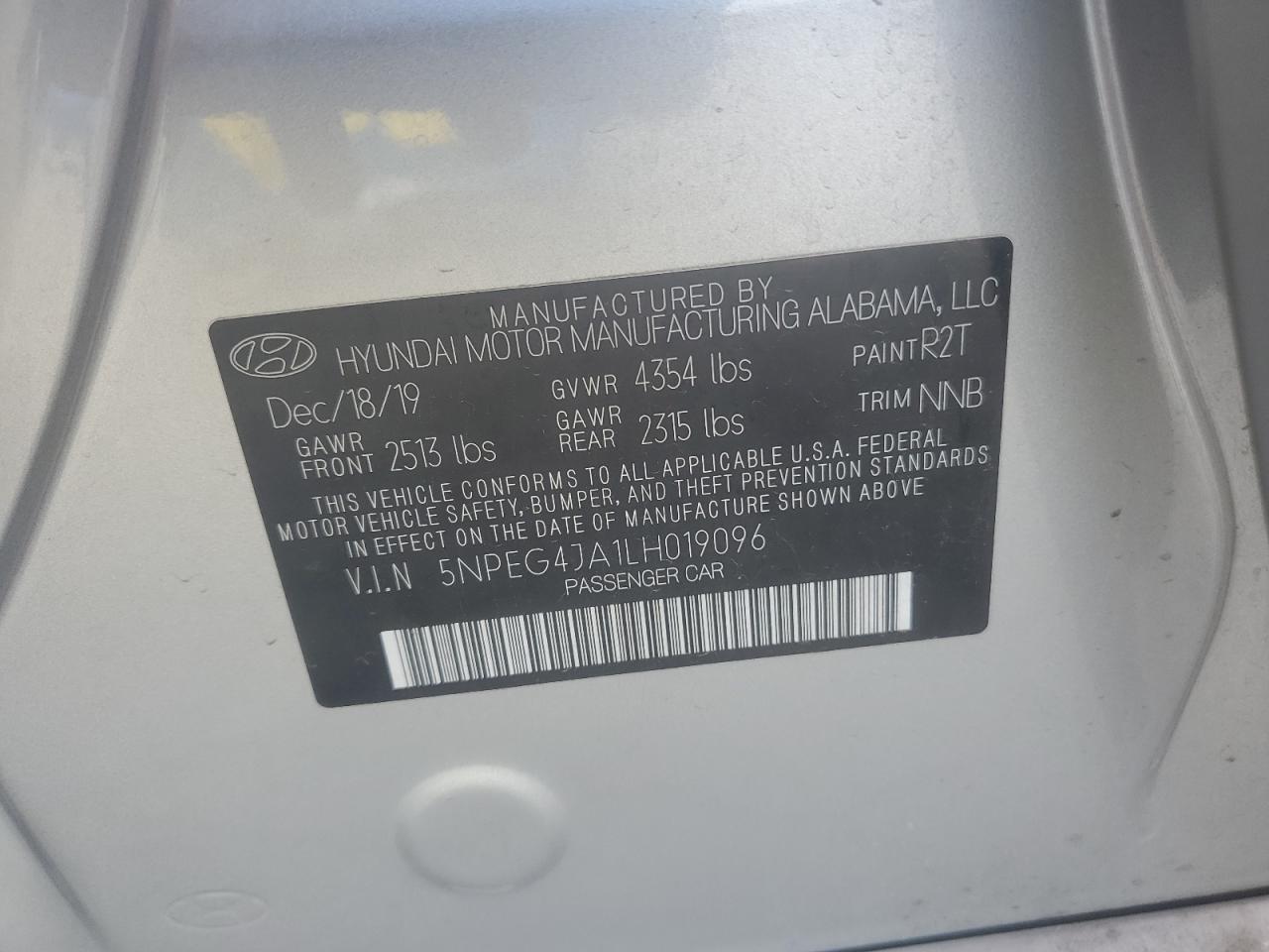 2020 Hyundai Sonata Se VIN: 5NPEG4JA1LH019096 Lot: 64816265