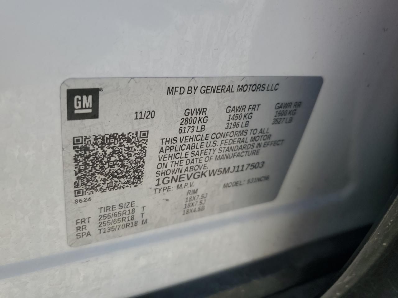 2021 Chevrolet Traverse Lt VIN: 1GNEVGKW5MJ117503 Lot: 62831225