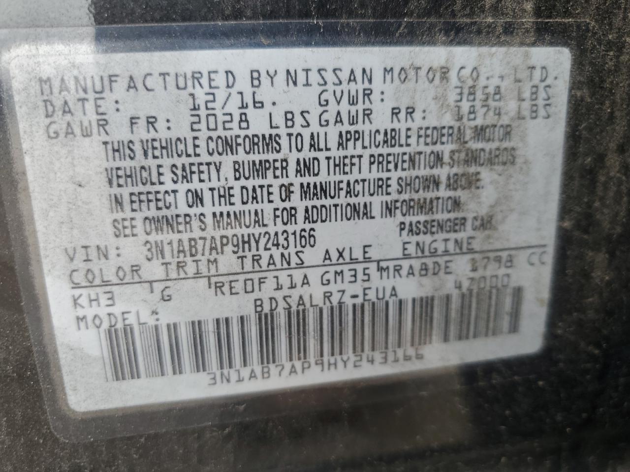 2017 Nissan Sentra S VIN: 3N1AB7AP9HY243166 Lot: 63281795