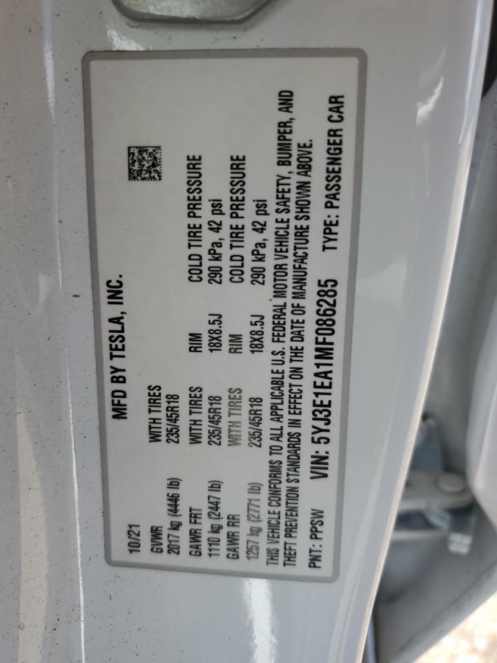 2021 Tesla Model 3 VIN: 5YJ3E1EA1MF086285 Lot: 64612695