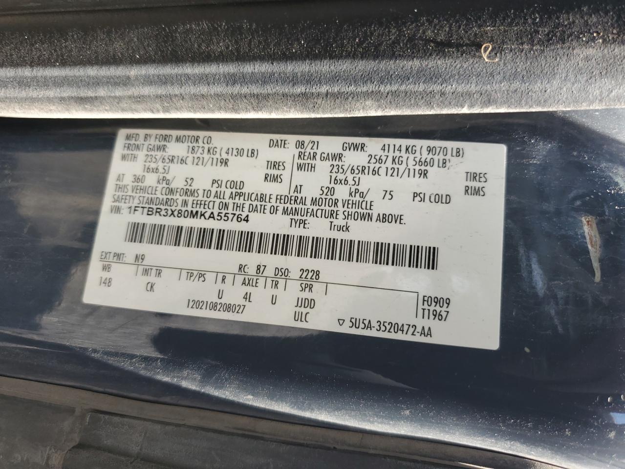 2021 Ford Transit T-250 VIN: 1FTBR3X80MKA55764 Lot: 63077945